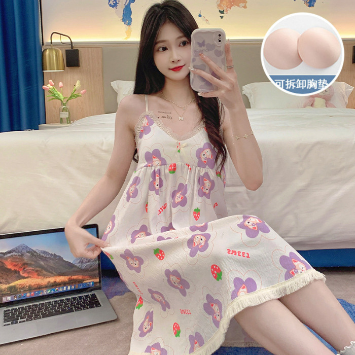 Pijamas de verano de niña cabina larga falda cojín de pecho camiseta ropa casera nubes de algodón dulce ropa casera