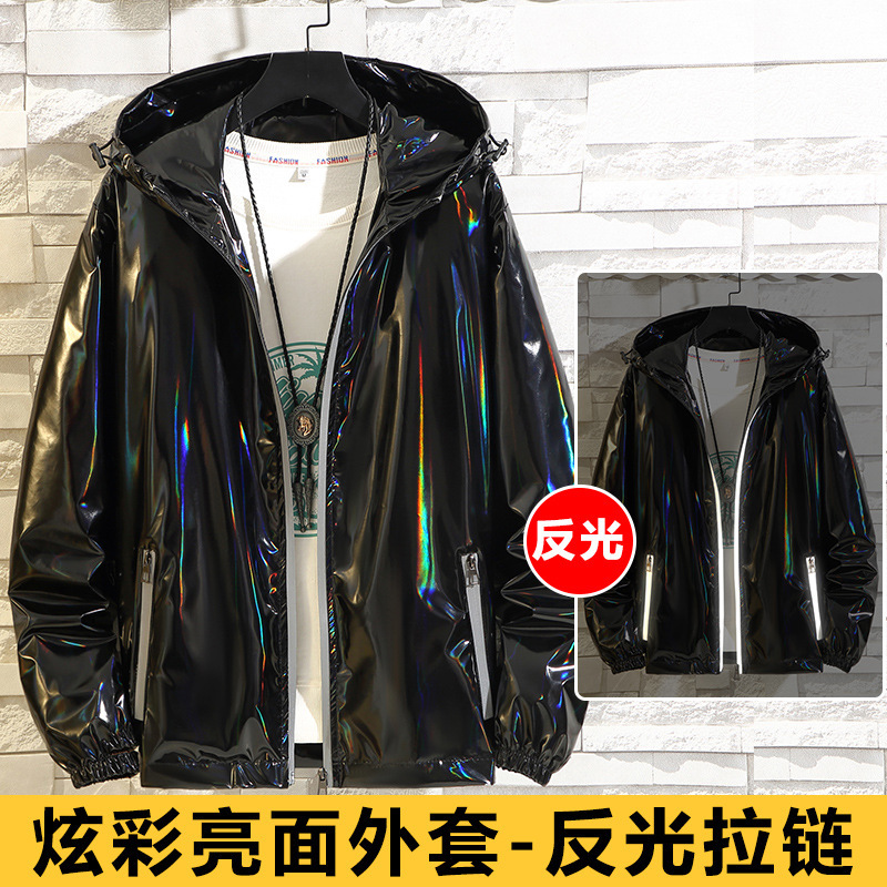 Spring 2024 men's thin coat glossy colorful PU material trendy personalized loose hooded youth jacket Spring 2024 men's thin coat glossy colorful PU material trendy personalized loose hooded youth jacket
