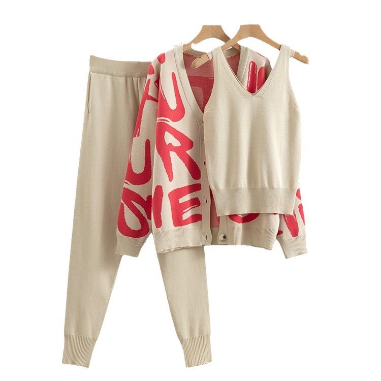 Abbigliamento da donna Moda Casual Abiti per donna Primavera e autunno Lettera Giacca gilet in maglia larga Pantaloni attillati Abito a tre pezzi_voghion.com