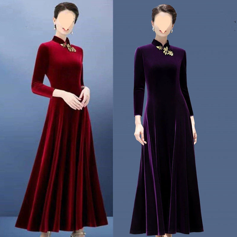 Осенний бархатный ципао с длинными рукавами, демисезонный, с длинными лямками, в китайском стиле, больших размеров, макси-длины.