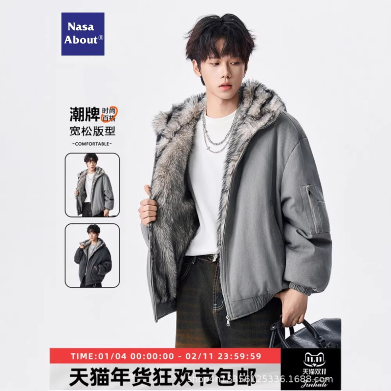 Nasa about Mountain Eagle Fur Collar Hooded down Jacket Short Men's 2026 Winter New Loose Trendy Brand Warmth