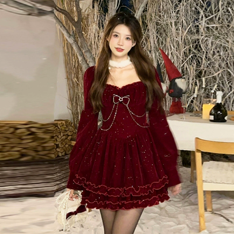 Весеннее элегантное женское блестящее бархатное платье с рукавами-фонариками и бантом, милая и милая пышная юбка для дочки.