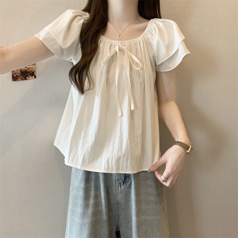 女性用の大きいサイズの夏用フレンチスリーブシャツ、太った女の子向けのゆったりとしたお腹カバープリーツトップス、薄いリボンタイシャツ|undefined
