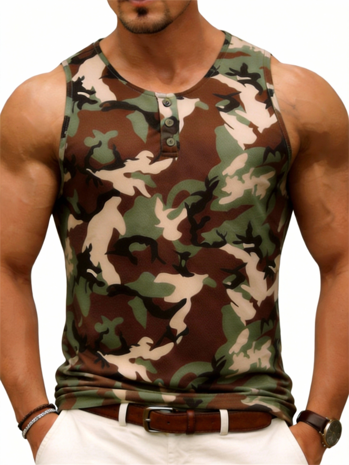 Músculos locos chalecos de camuflaje de verano hombres secado rápido y transpirable botones de cuello redondo, blusa abierta deportes transfronterizos de fitness