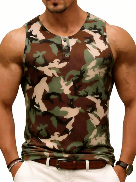 Crazy Muscle Summer Camouflage Vest Men's Quick-Dry Breathable Round Neck Button-Down Top Fitness Sports Cross-Border