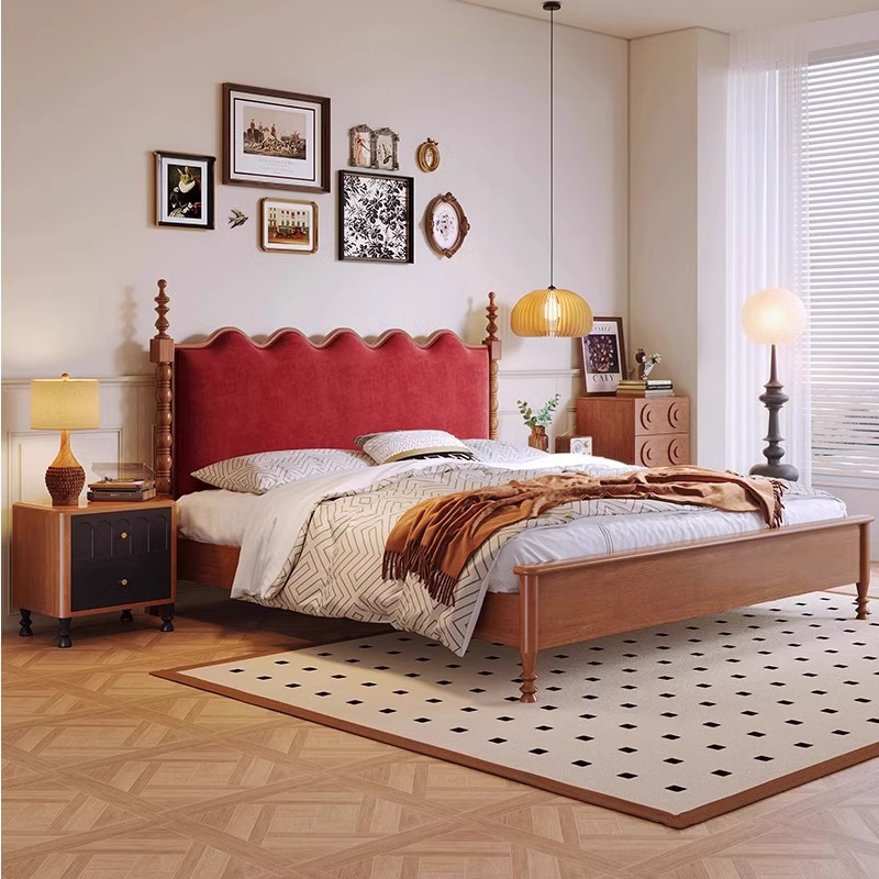 Cama doble de madera maciza de 1.8m estilo retrógrado negro americano pequeño estilo francés medieval cama principal cama de matrimonio cama individual de paquete blando