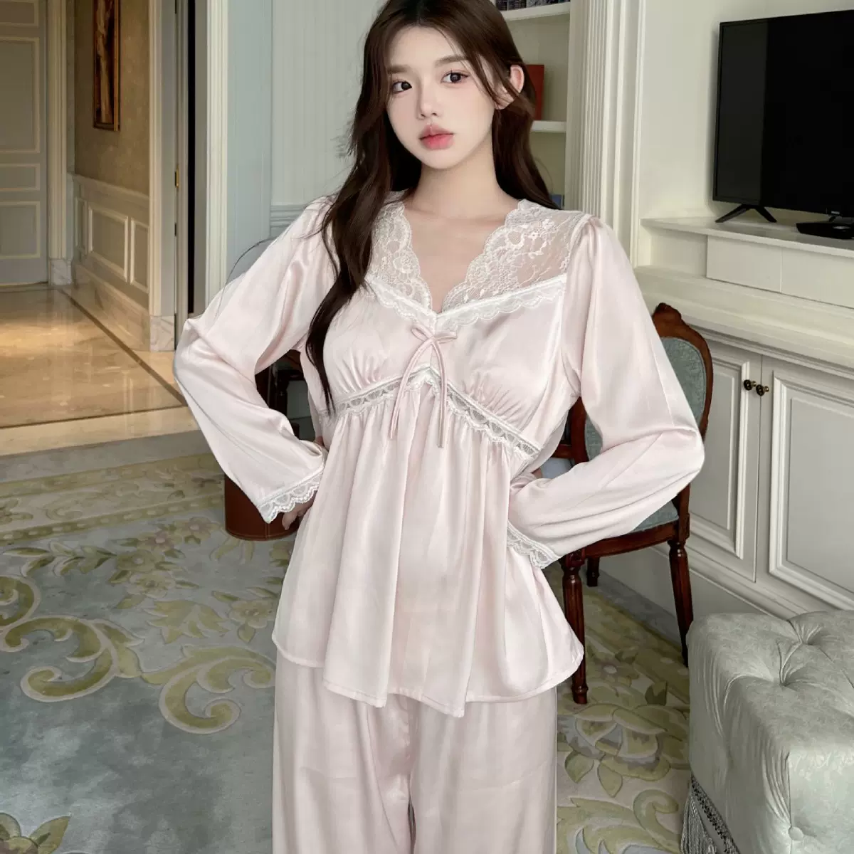 法式V领带胸垫睡衣女春夏轻奢蕾丝长袖冰雪丝甜美夏天家居服套装