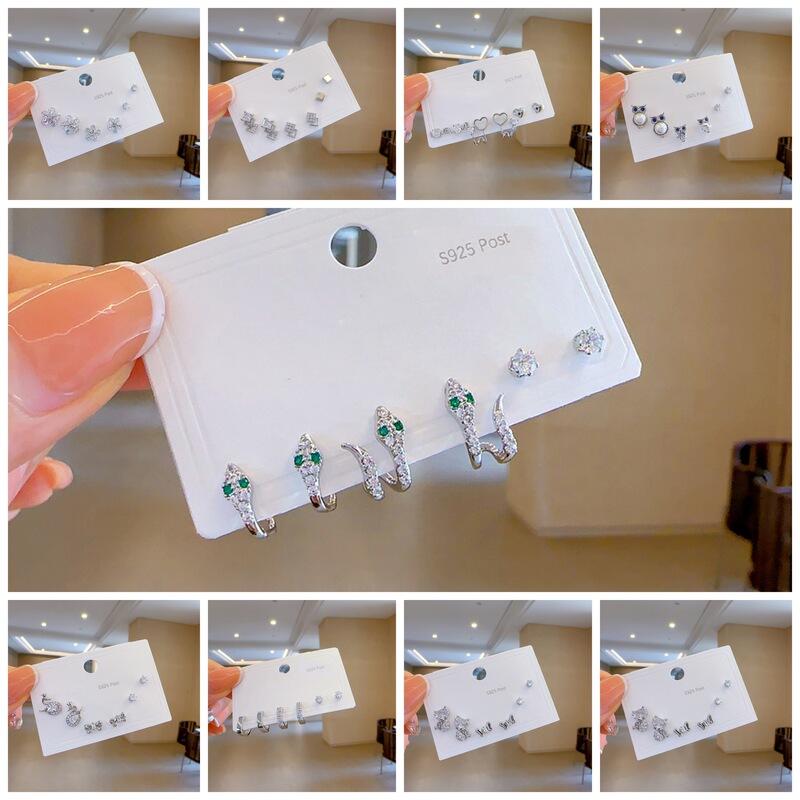 Snake-Shaped Niche Design One Card Three Pairs Combination Set Small Earrings Silver 925 Silver Needle Zircon Six-Piece Set of Earrings