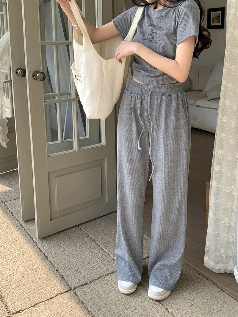 Women's Clothing Style Women's Two Piece Set Casual Gray Summer Top And Wide Leg Trousers Drawstring Tie Short Sleeved Outfit_ecoleips.com