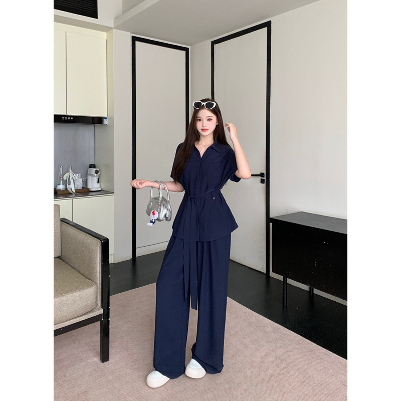 女装2025新款夏季胖mm大码女优雅气质绑带收腰衬衫上衣阔腿裤套装|undefined