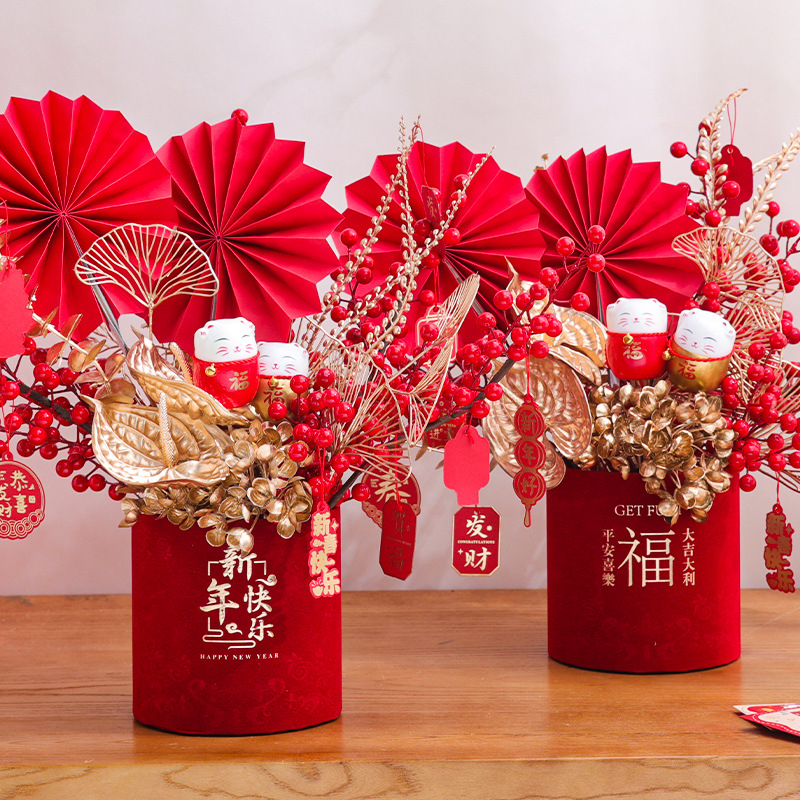 Festival de primavera decoración Víspera de Año Nuevo flor con cubo simulación de DIY acebo acabado arreglo floral cubo al por mayor regalo de la mano cubo producto terminado