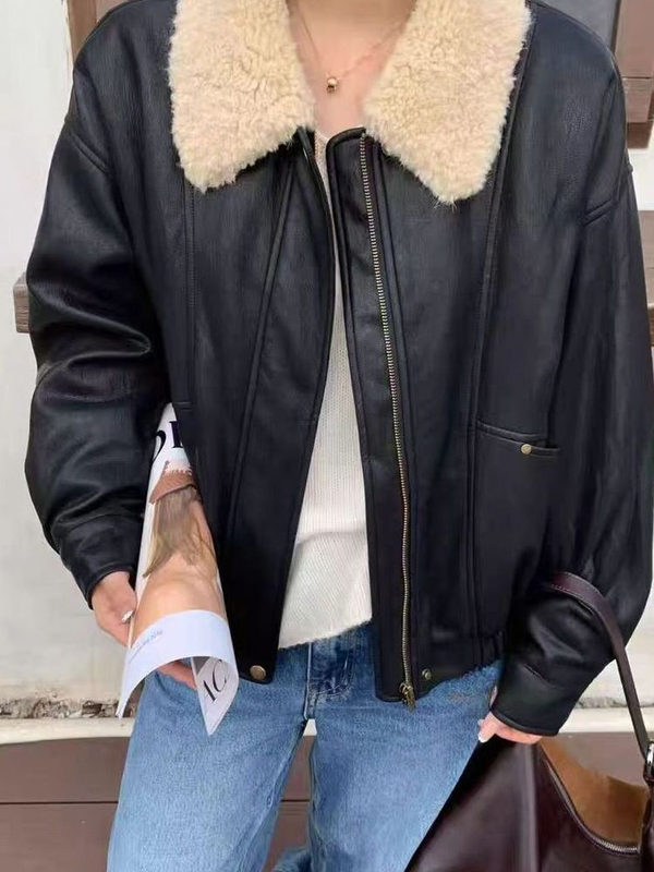 Retro Lamb Wool Splicing and Cotton Leather Jacket for Women European Goods 2025 Autum New Korean Style Loose and Versatile Jacket