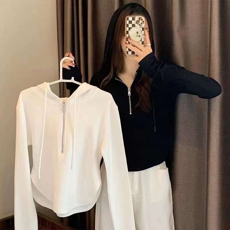 Spring and Summer Women's Thin Ice Silk Ribbed Slim-Fit Hooded Sweatshirt with Swallowtail Hood, Half-Zip Long-Sleeve T-Shirt for Women
