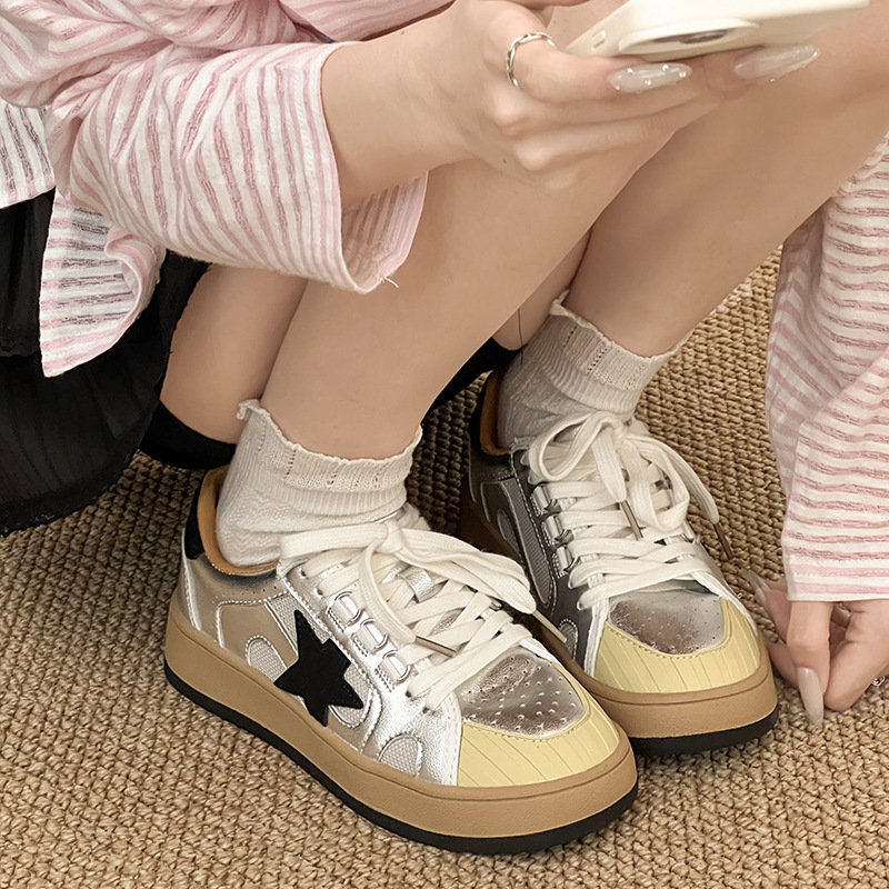 Vintage Gold Goose Star Dirty Shoes with Leather Mesh Breathable Rubber Toe Versatile Retro Lace-Up Trendy Cool Casual Shoes