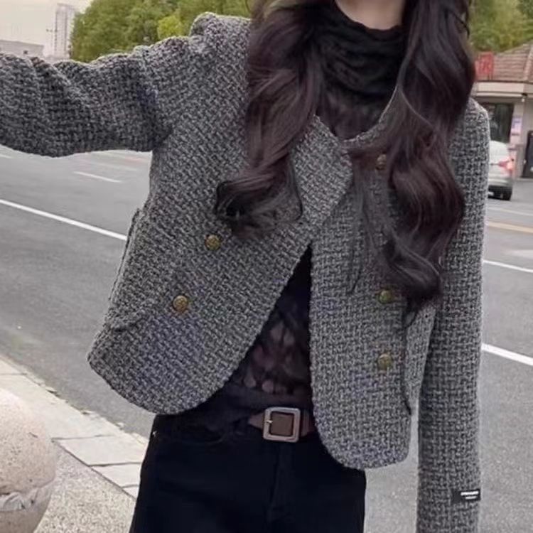 Gray Chanel-Style Short Blazer for Women, Autumn Trendy Outerwear, Tweed High-End Socialite Top Wholesale Fashion