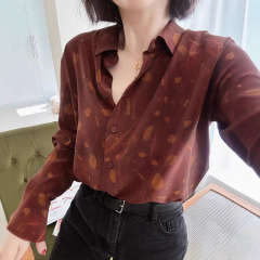南油批发新款法式慵懒感暖调诗意晕染印花棠梨棕翻领真丝长袖衬衫