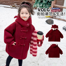 女童加绒外套冬季新款年服儿童洋气加厚中长款呢大衣保暖毛呢上衣