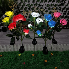3头太阳能玫瑰花灯户外花园LED地插仿真花灯庭院装饰草坪灯