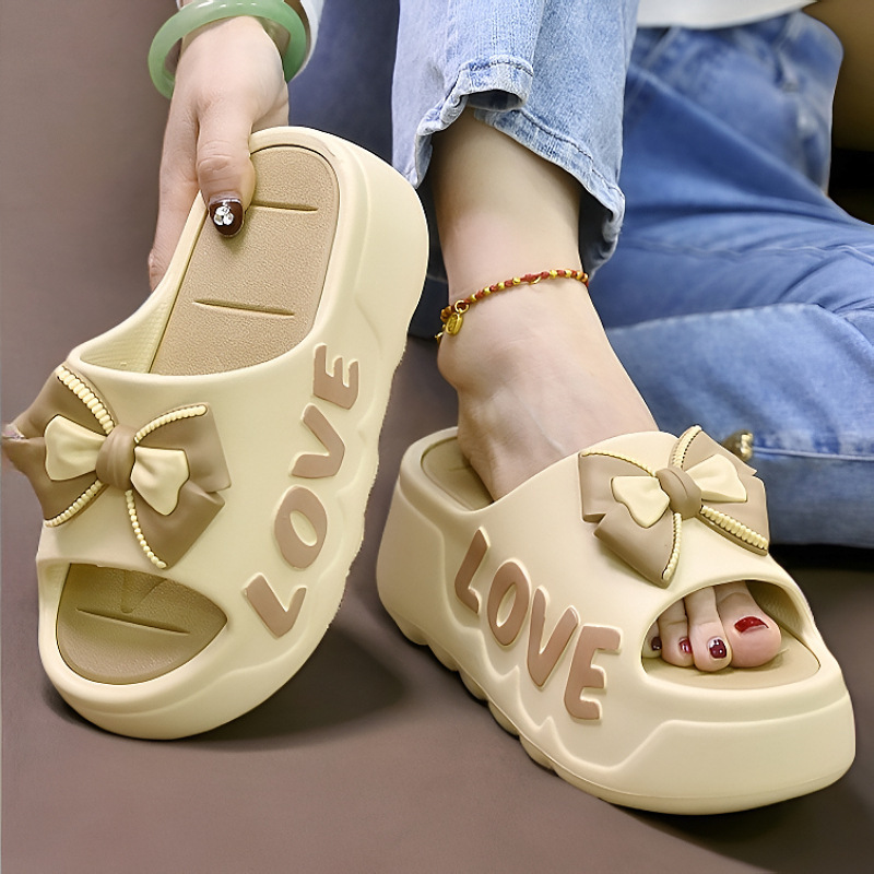 Fashion Sweet Bow High Heel Sandals Slippers Women's Summer Outdoor Wear Thick Bottom Heightened Non-slip Wear-resistant Slippers