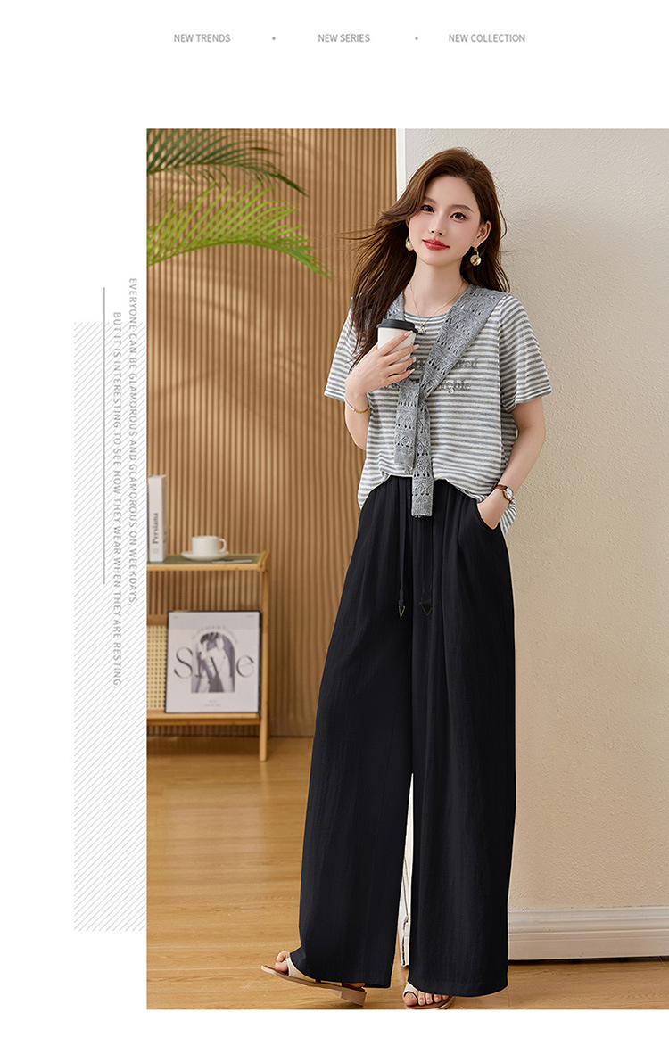Bộ quần áo hai mảnh sọc kẻ thiết kế khăn choàng phối quần ống đứng thời trang — màu đen, màu trắng ngà chi tiết 20