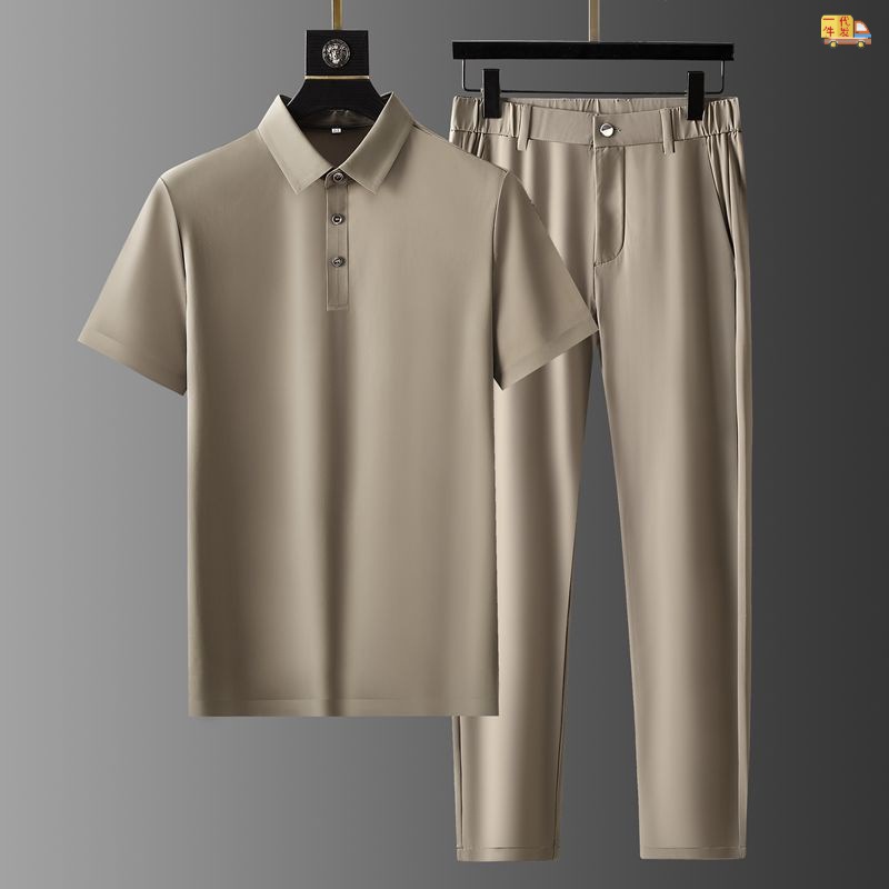 欧洲站高弹短袖两件套2022夏季新款丝滑速干翻领休闲运动套装男潮|ms