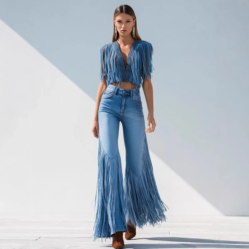 26 Years of Experience in Cross-Border Foreign Trade, Independent Website, Amazon New Style Women's Long Tassel Spliced Irregular Hem Denim Pants