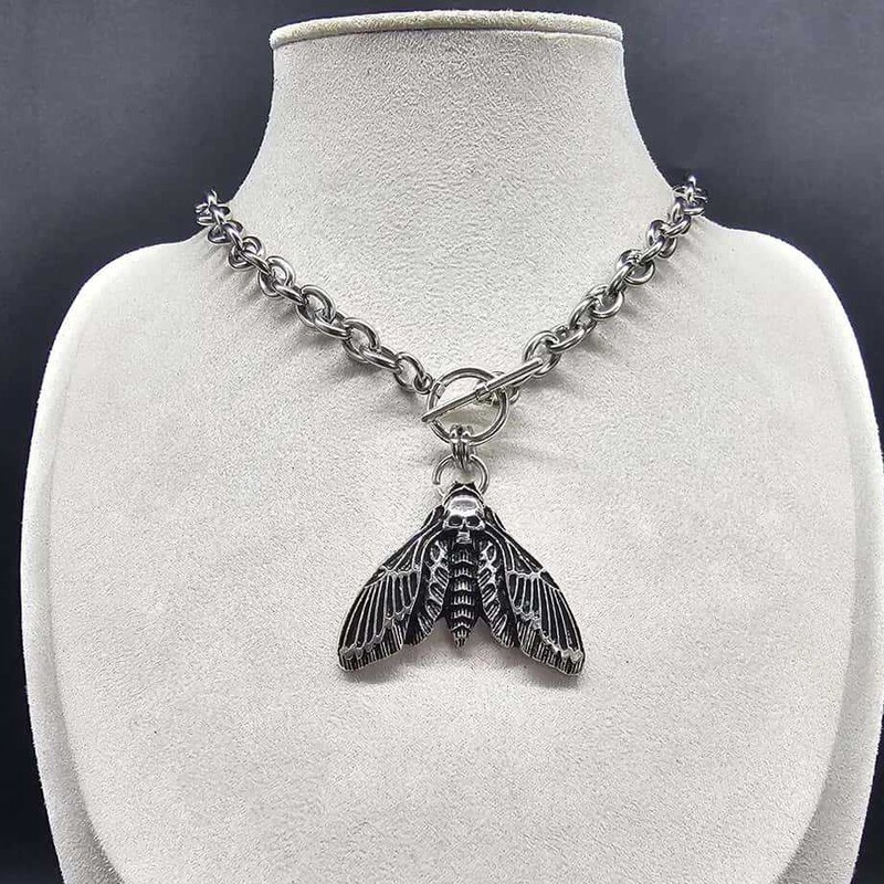 Gothic Death Moth T-Bar Toggle Necklace Chain Witchcraft Choker Unisex Jewelry Metal Head Alternative Punk