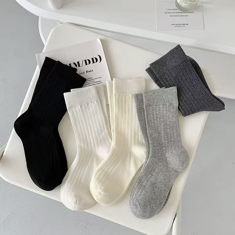 Combed Cotton Anti-Pilling Spring and Summer Ribbed Solid Color Sports Socks, Mid-Calf, Warm, Odor-Resistant, Sweat-Absorbent, Long Tube Slouch Socks