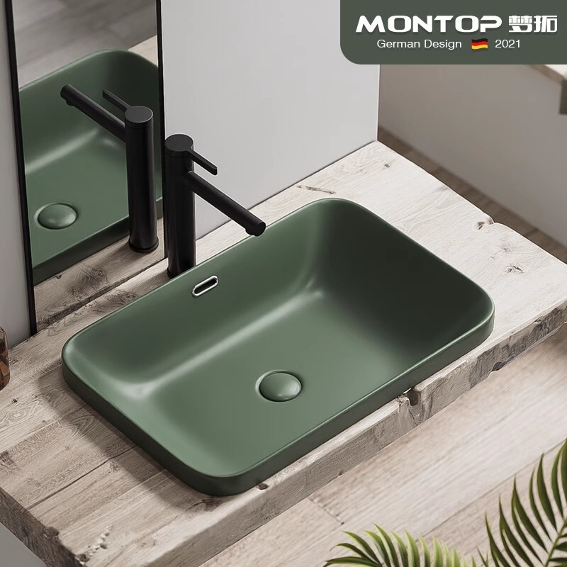 Dark Green Matte Square Nordic Ceramic Colored Washbasin for Bathroom in Gun Gray