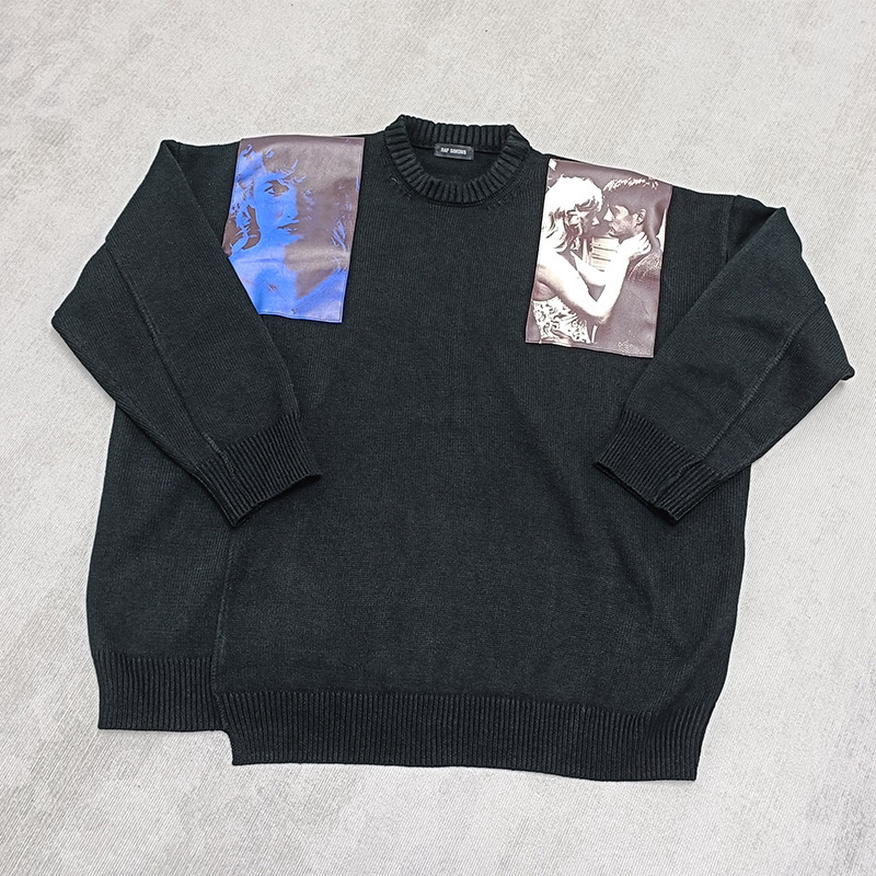 Autumn and Winter Raf Style Silhouette Movie Character Leather Stickers Knitted Asymmetrical Loose Pullover Sweaters for Men and Women