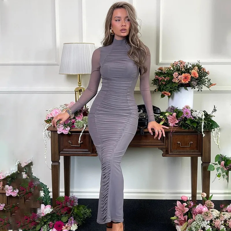 European and American Style 2026 Autumn Elegant Socialite Casual Wear Pleated High-Neck Long-Sleeve Waist-Cinching Bodycon Dress Wholesale