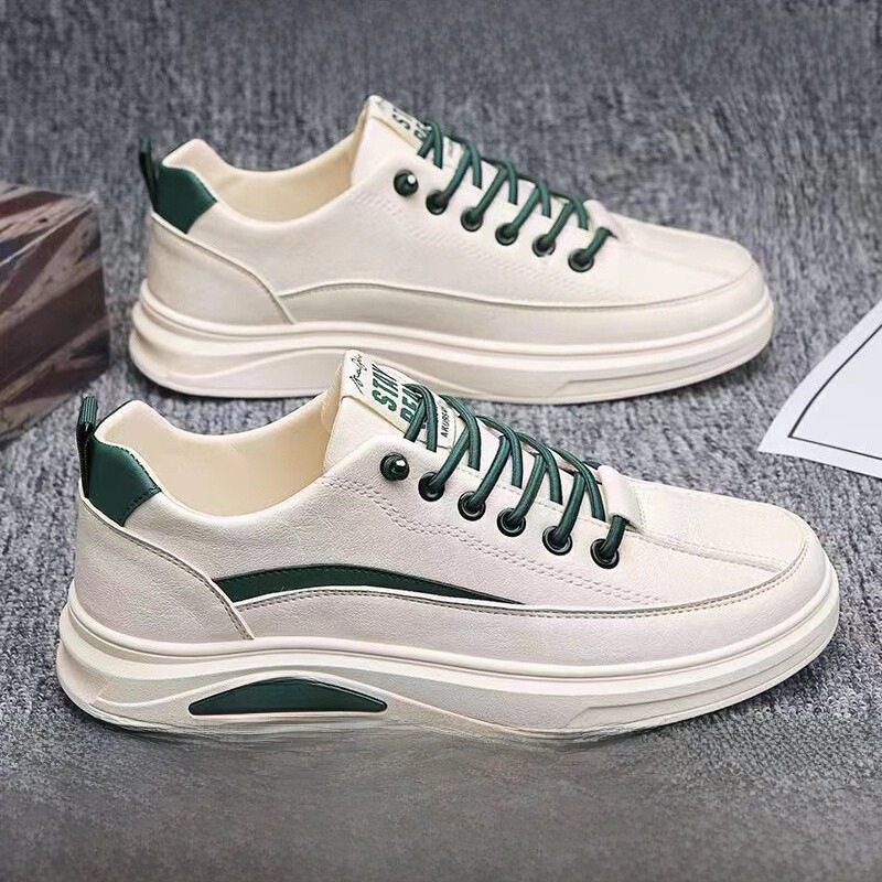 trend low fashionable men's white sneakers with shoelaces