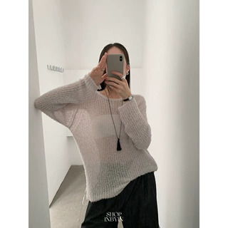 易恩欧inbyin慵懒至上镂空微透罩衫女装外穿宽松圆领长袖针织上衣