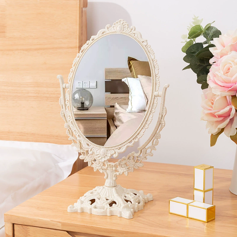 Table Mirror, Wheat Straw Frame, Princess Double-Sided Rotating Desktop Mirror for Kids (White)