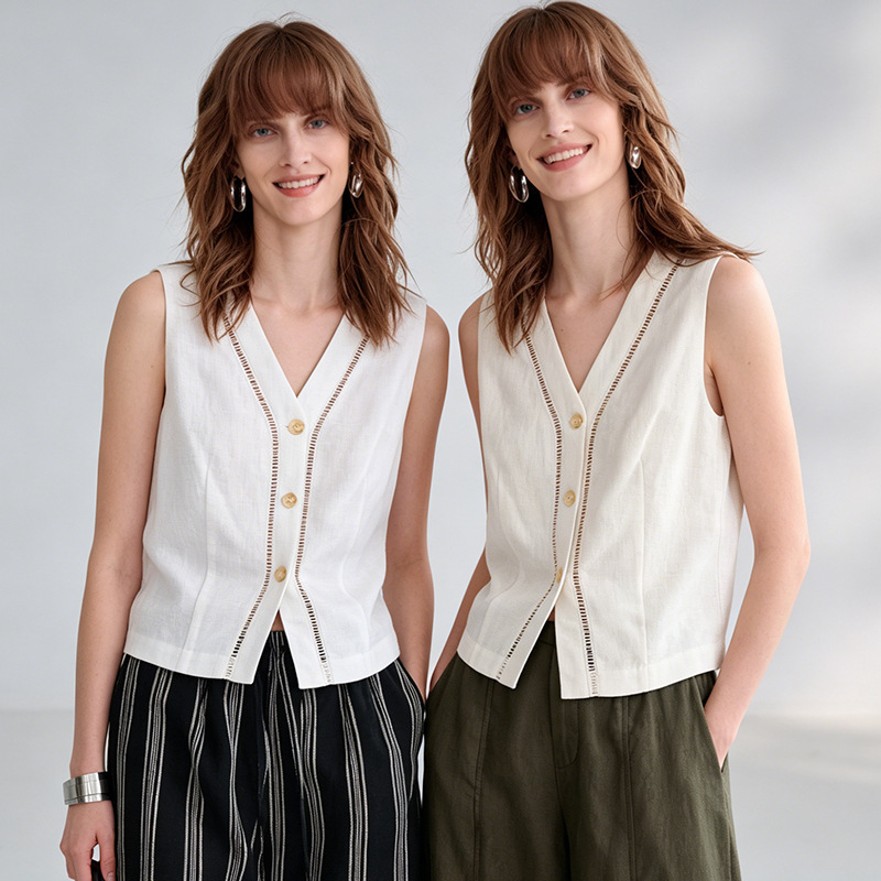 Elegant Linen V-Neck Vest for Women, Summer Lyocell Short Sleeveless Casual Top