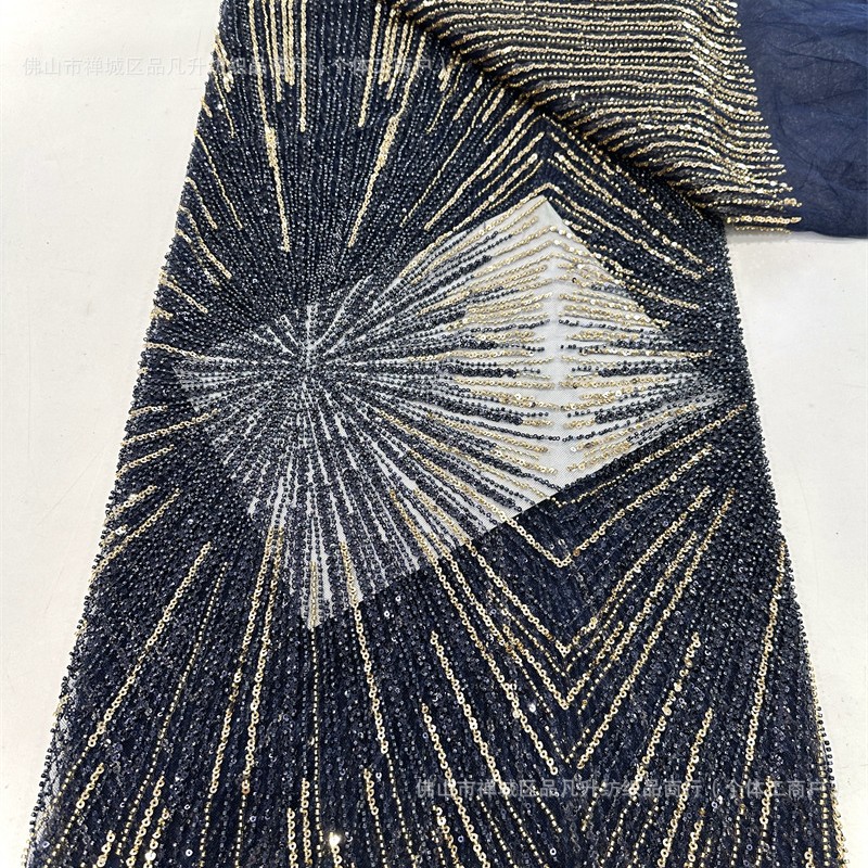 Tela de malla de lentejuelas lista para usar del fabricante, tela de encaje bordado, tela de moda para vestidos de alta costura con líneas tridimensionales