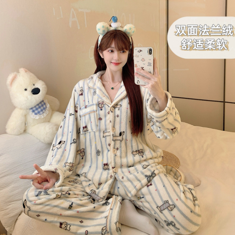 法兰绒睡衣女秋冬季新款韩系卡通条纹长袖加厚保暖少女家居服套装|undefined