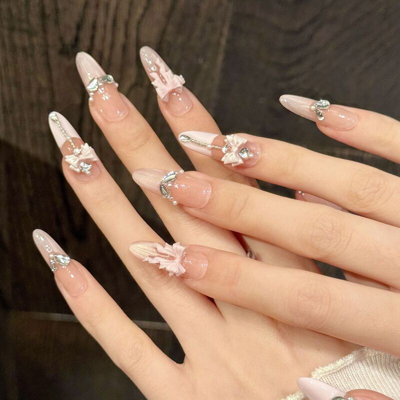 Rikaman Original [Scarlet Butterfly Diamond Sweet] Orange Pink Gradient Bow Sweet and Luxurious Handmade Wearable Nails