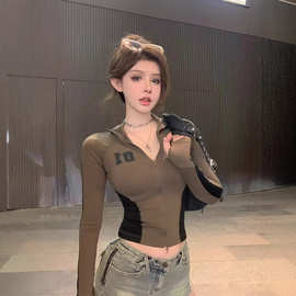 美式运动拉链立领上衣女秋季纯欲辣妹短款长袖t恤修身打底衫内搭