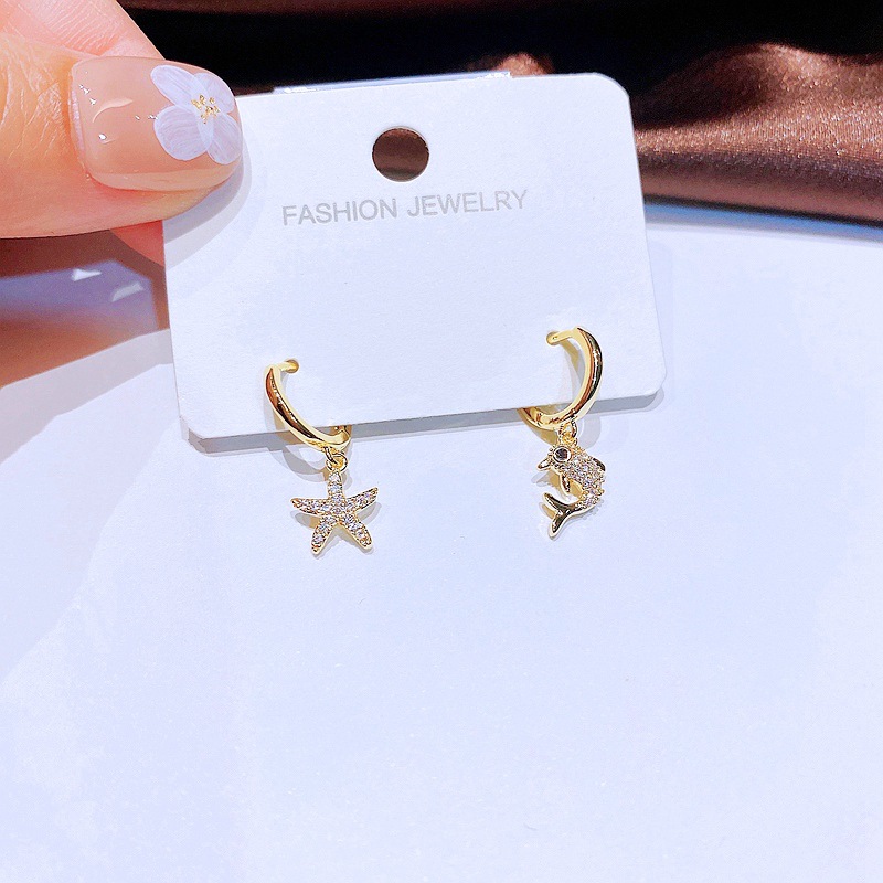 Cute Starfish Dolphin Small Ear Clip Gold Plated Zircon-Embedded Earrings