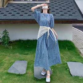 夏日绝美小裙子小个子独特漂亮高级感大码蓝色格纹泡泡袖连衣裙女