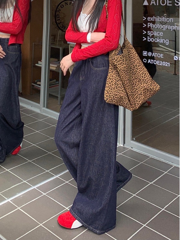 梨形身材深蓝色阔腿牛仔裤女秋季新胖妹妹mm高腰宽松显瘦拖地裤子|undefined