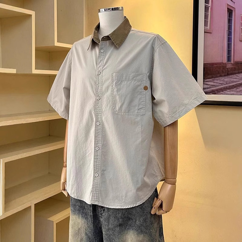 Japanese-style retro patchwork color-blocked collarless short-sleeve shirt for men, summer youth casual half-sleeve top, simple design