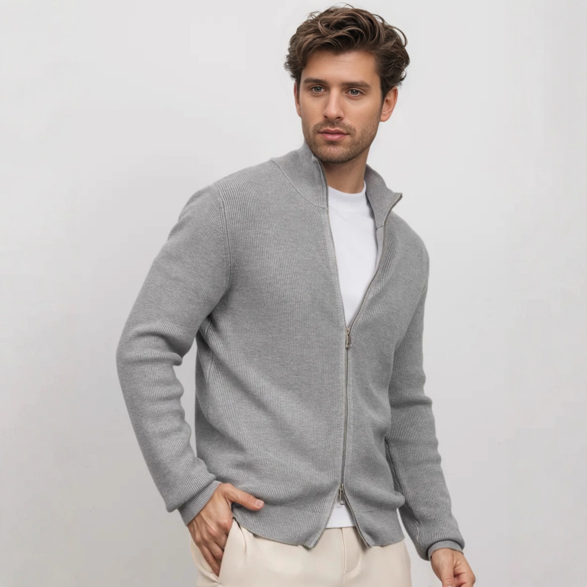 Hombre de cuello alto de doble cabeza cremallera suéter otoño y invierno nuevo estilo de ropa casual de hombre de negocios de color sólido delgado jersey cardigan superior