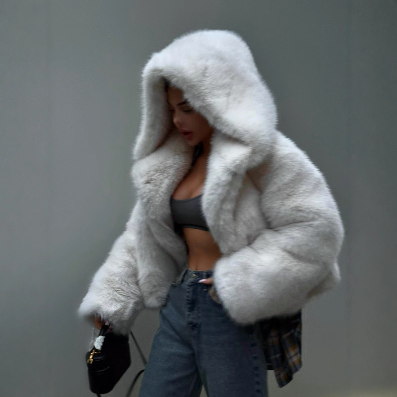 Cross-Border Hooded Faux Fur Imitation Fur Outwear Fox Fur Outwear Autumn and Winter Short Plush Jacket Fur Top for Women