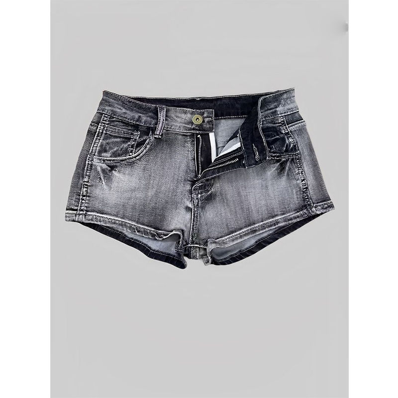 Trendy Low-Rise Washed Denim Shorts for Petite Women, Tight-Fitting Hip-Hugging Hot Girl Influencer Straight-Leg Design Hot Pants