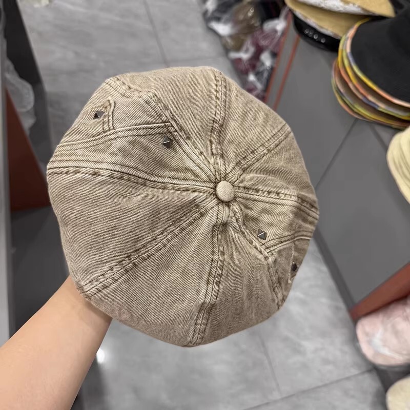 港风重工柳丁显瘦水洗棉布贝雷帽子女春秋百搭时装帽圆顶南瓜帽潮|undefined