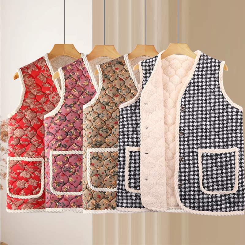 Autumn and Winter Women's Vest with Fleece Lining, Thickened Short Outerwear for Middle-Aged and Elderly Mothers, Cotton-Padded Sleeveless Warm Vest with a Fragrant Style