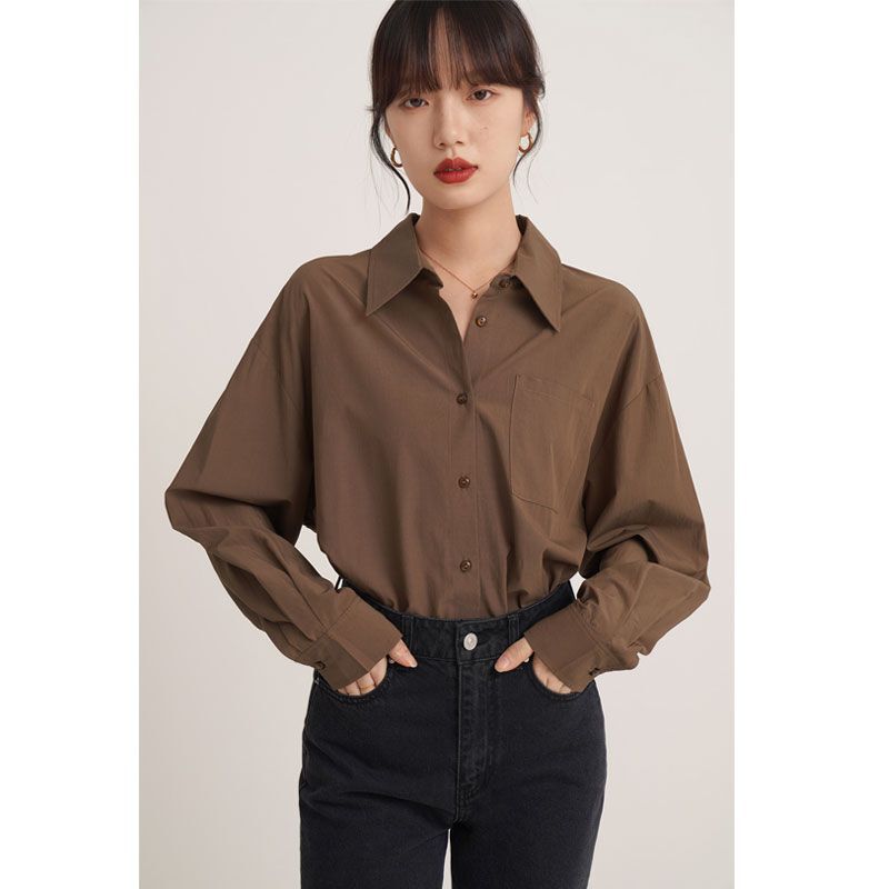 French-Style Elegant Women's Shirt for Spring and Autumn, New Coffee-Colored Long-Sleeve Shirt with a Unique Design, Loose and Layered Top