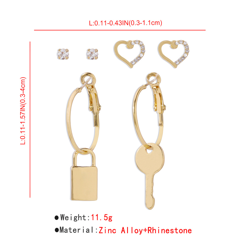 European And American Simple Key Lock Love Asymmetrical Micro-inlaid Temperament Earrings display picture 1